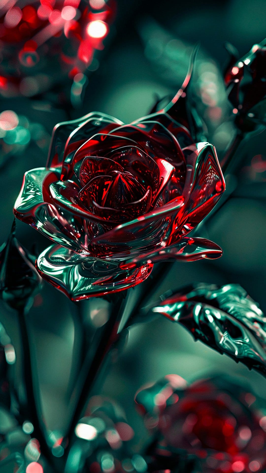 Metallic red rose sculpture with angular petals set against a dark teal background and soft bokeh lights.