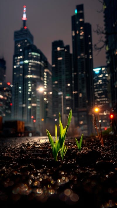 plants,leaves,sprouts,spring,street,lights,dark
