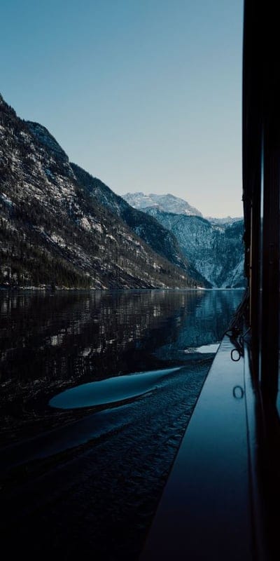 Fjord, Mountains, Winter, Water, Reflection, Snow, Nature, Serene, Boat, Cruise, Majestic, Outdoors, Landscape, Blue, Cold, Scenic, Pristine, Evergreen, Tranquil, Travel