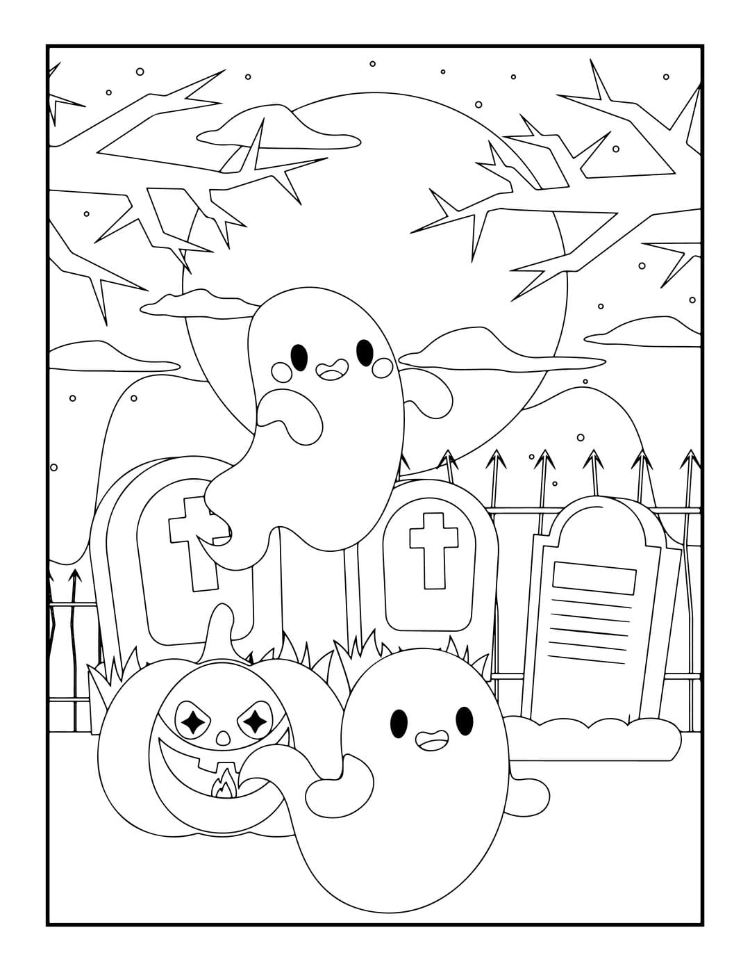 Halloween coloring page showing two ghosts near a carved pumpkin in a graveyard under a full moon and branches.