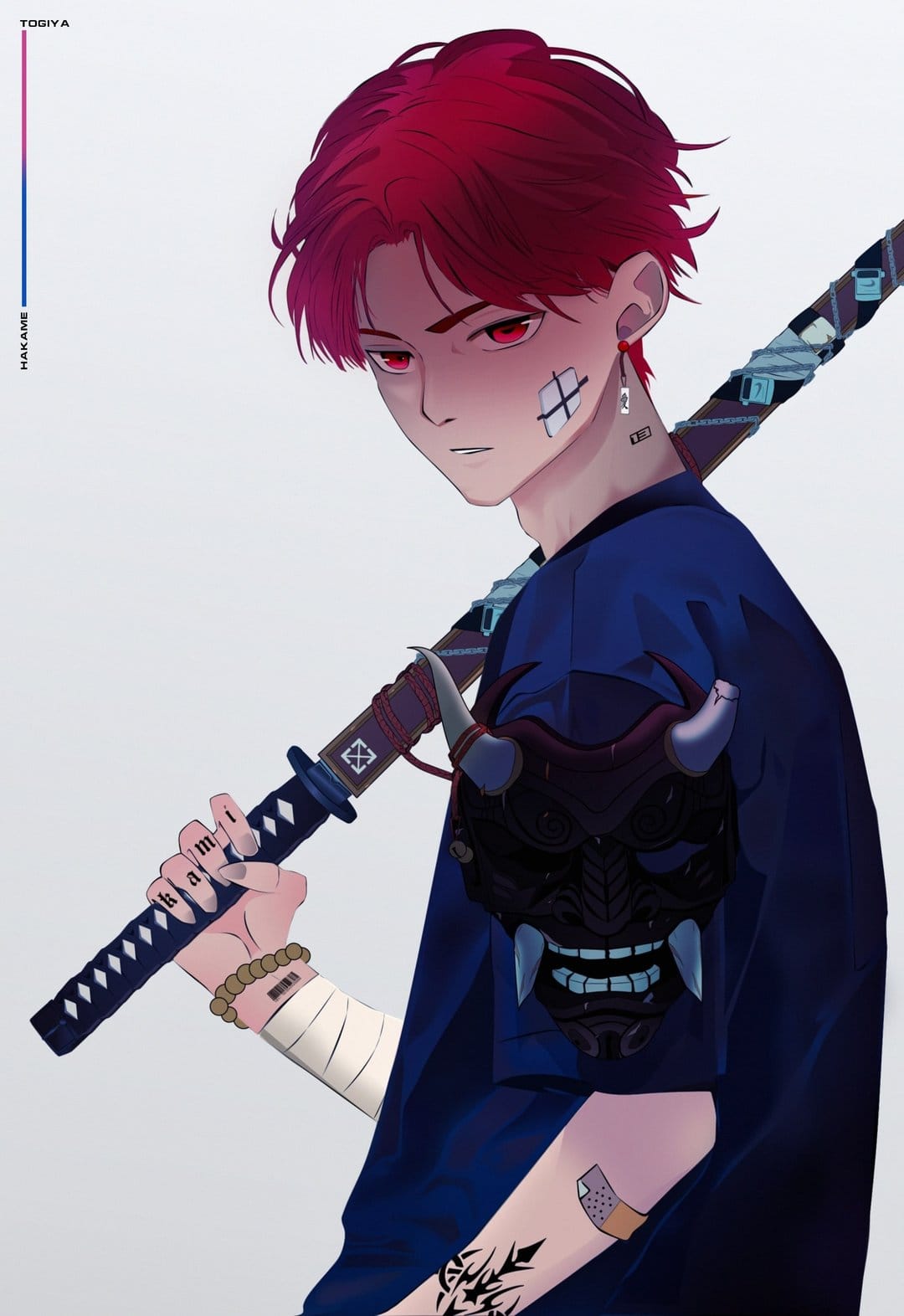 Red-haired boy with bandages on his face holds a katana over his shoulders while wearing a black oni mask.