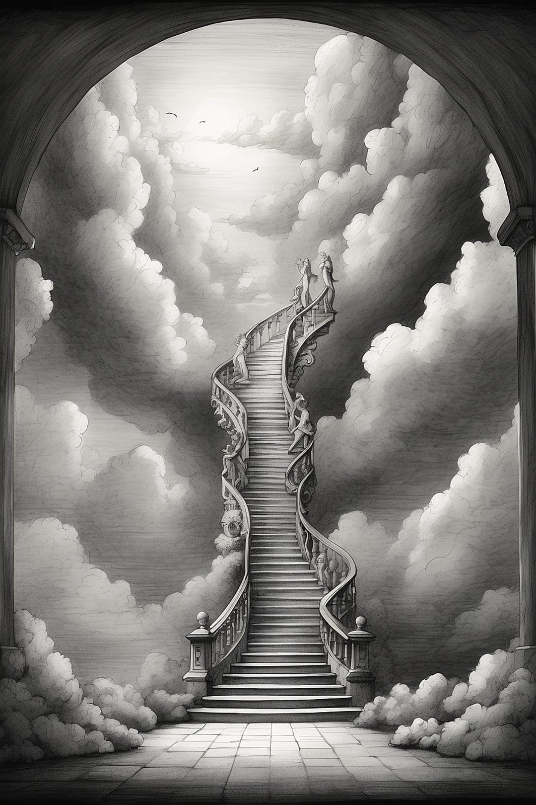 Ornate spiral staircase with classical statues climbing into a cloudy sky through a large stone archway.