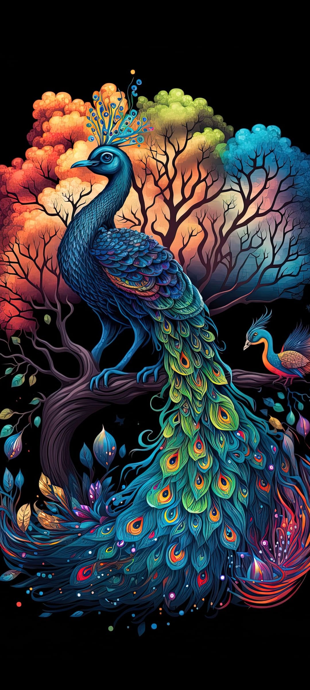Blue peacock with iridescent feathers perched on a branch amid glowing orange trees and a starry bokeh background.