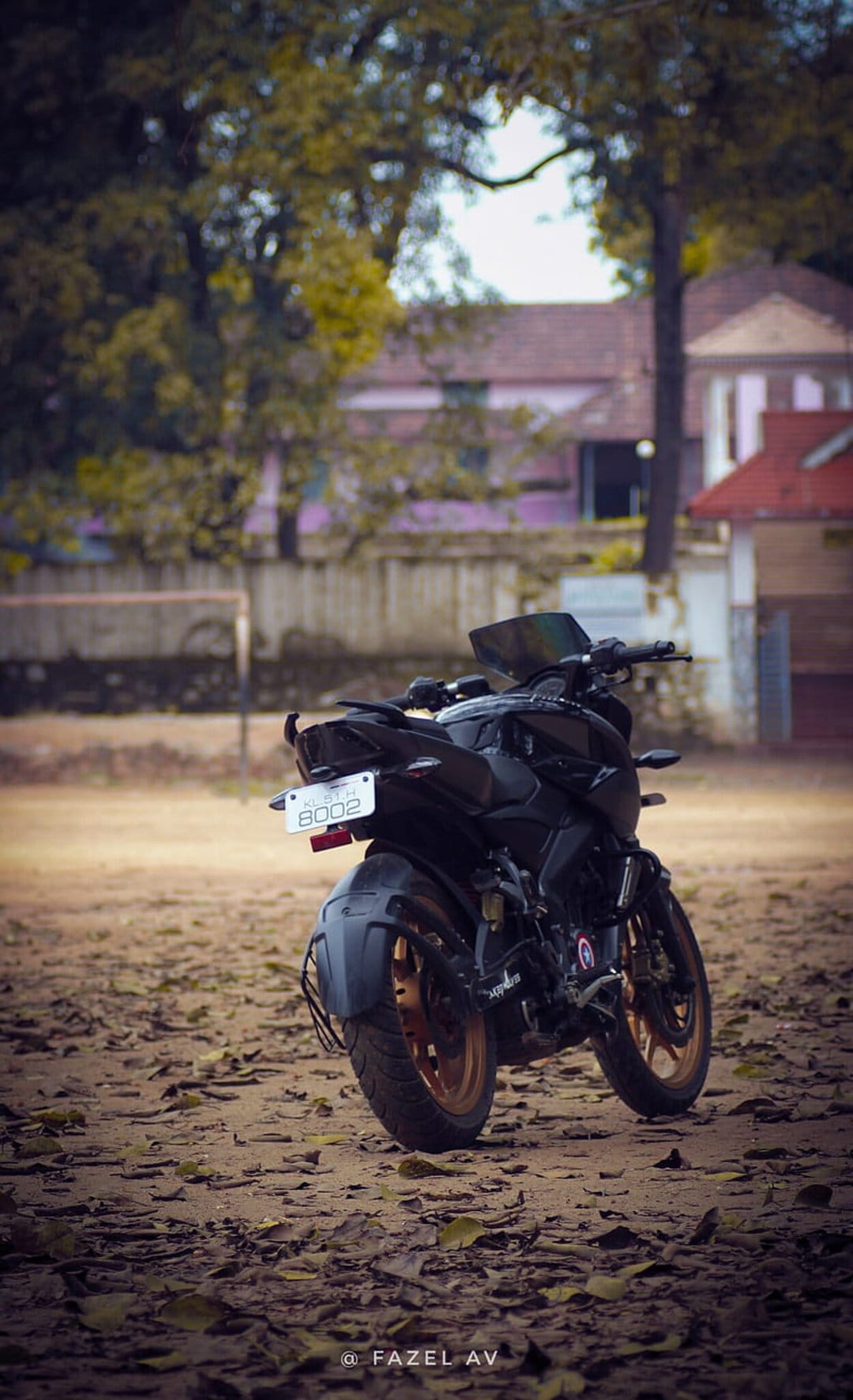 Matte black motorcycle sits on a bed of fallen yellow leaves with a pale pink building visible in the distance.