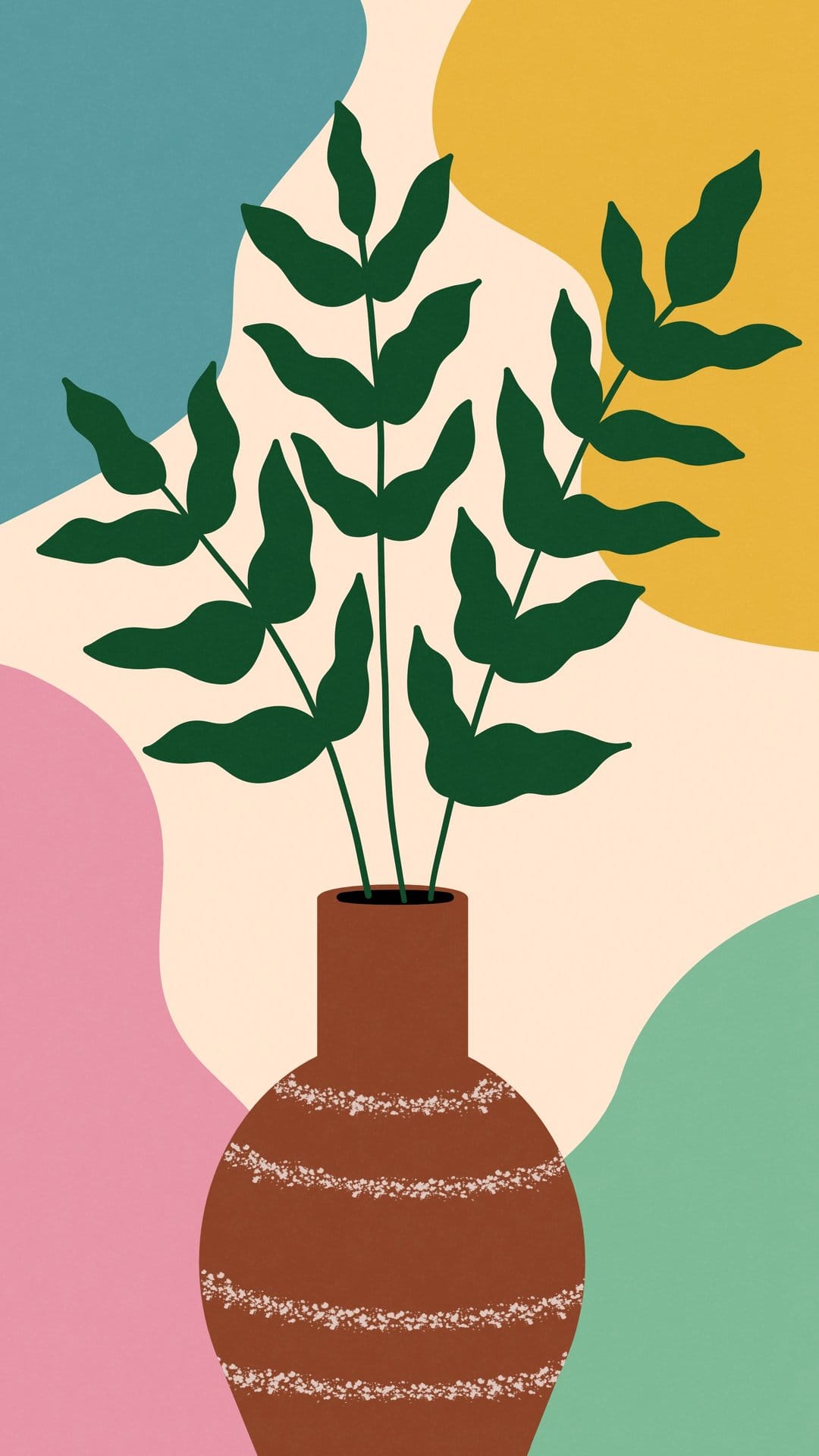 Terracotta vase with striped textures holding green leaves before a backdrop of pastel teal and yellow shapes.
