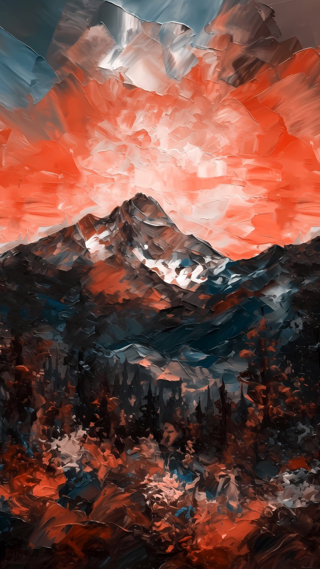 Majestic snow-capped mountain peak set against a fiery orange sunset sky with thick impasto oil paint textures.