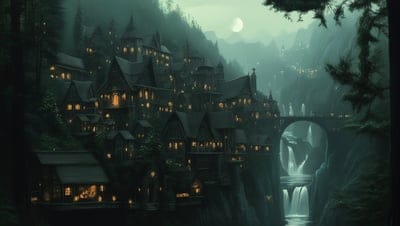Elven,Elf,Village,Desktop wallpapers,Fantasy,Myth,Mythic,8k wallpapers,4k wallpapers,hd backgrounds,hq wallpapers,Mythic Wallpapers,cool,Moon