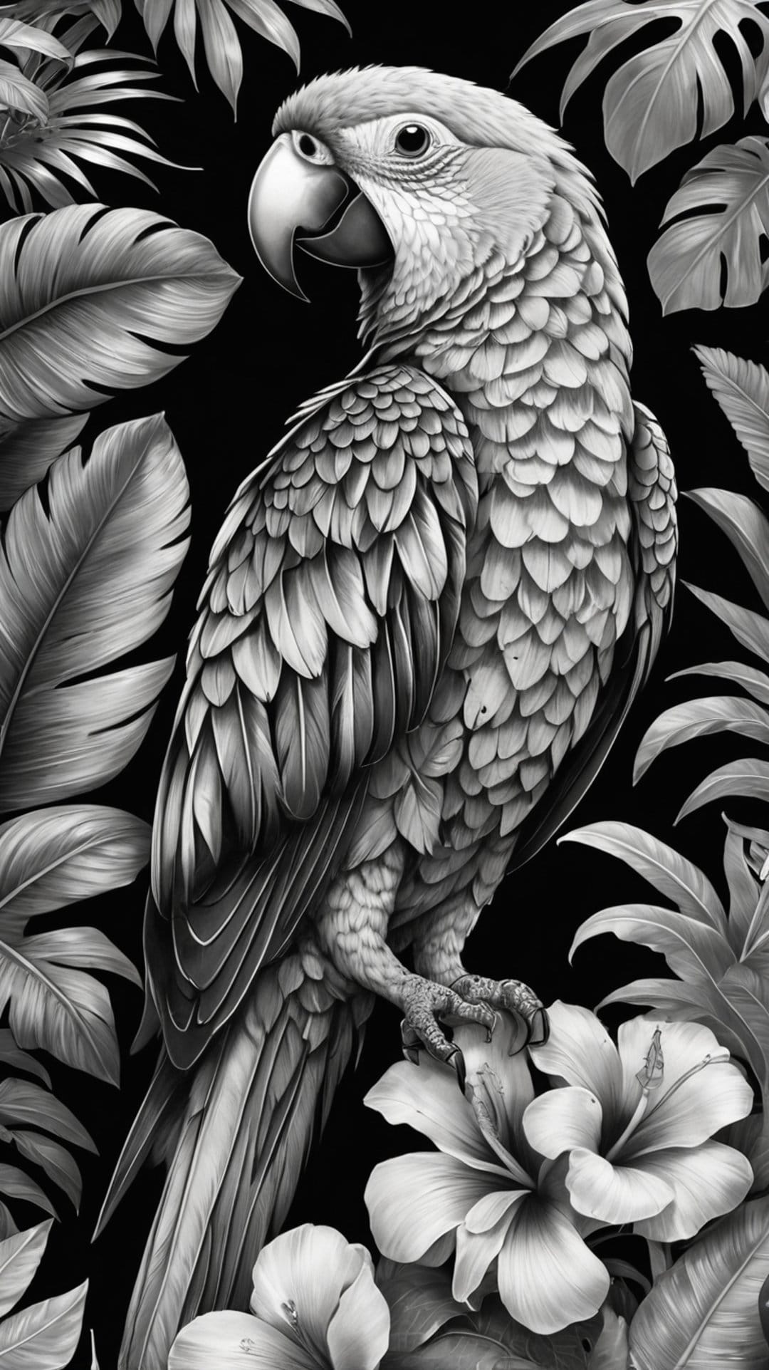 Macaw parrot with intricate feathers sits on a tropical branch surrounded by hibiscus flowers and palm leaves.