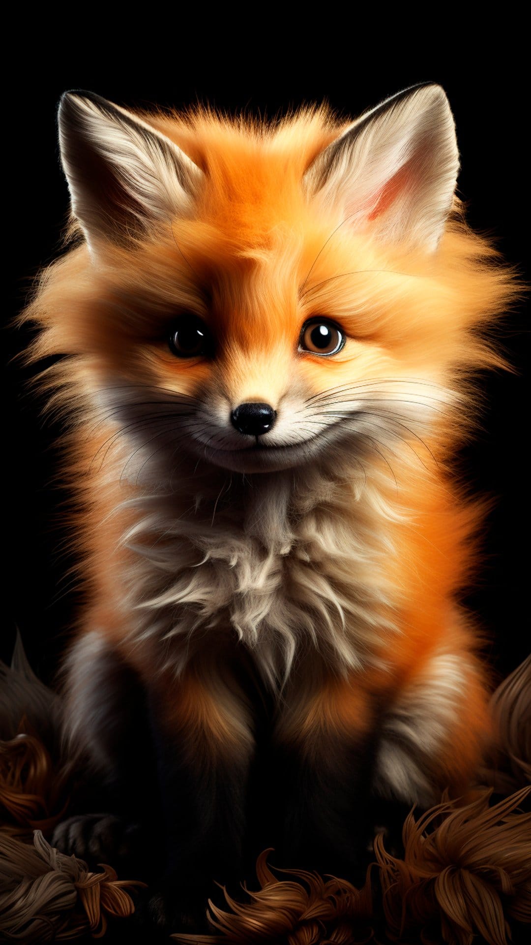 Baby fox with fluffy orange and white fur and dark eyes stares forward against a solid black background.
