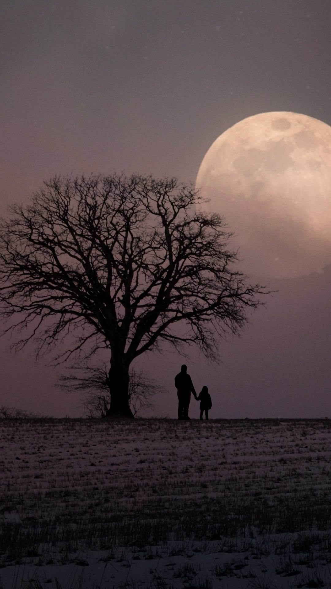 Two shadowy figures stand hand-in-hand beneath a giant glowing moon and a gnarled bare tree in a quiet field.
