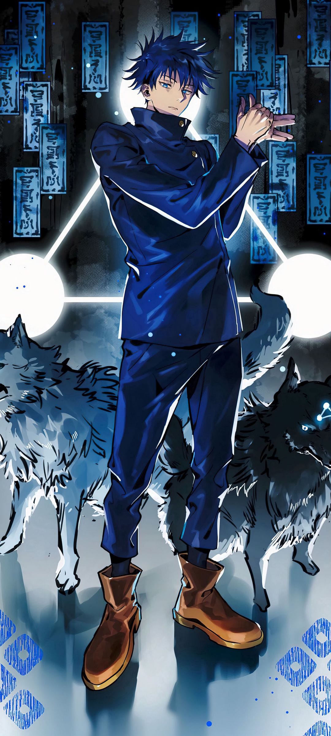 Blue-haired boy with glowing hands stands between two wolves under hovering geometric circles and kanji banners.