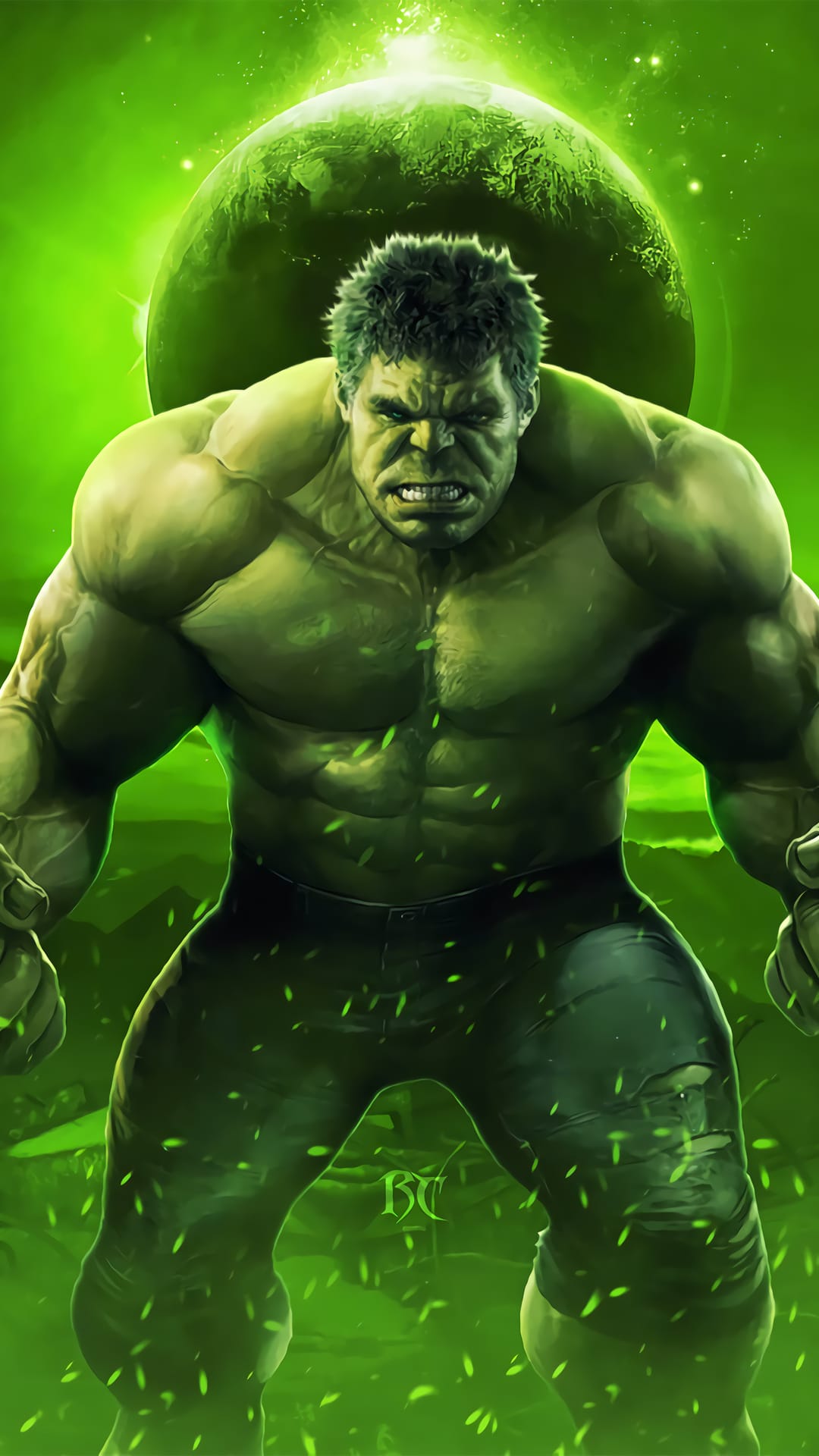 Hulk stands defiantly with clenched fists against a glowing green planet and swirling cosmic energy clouds.