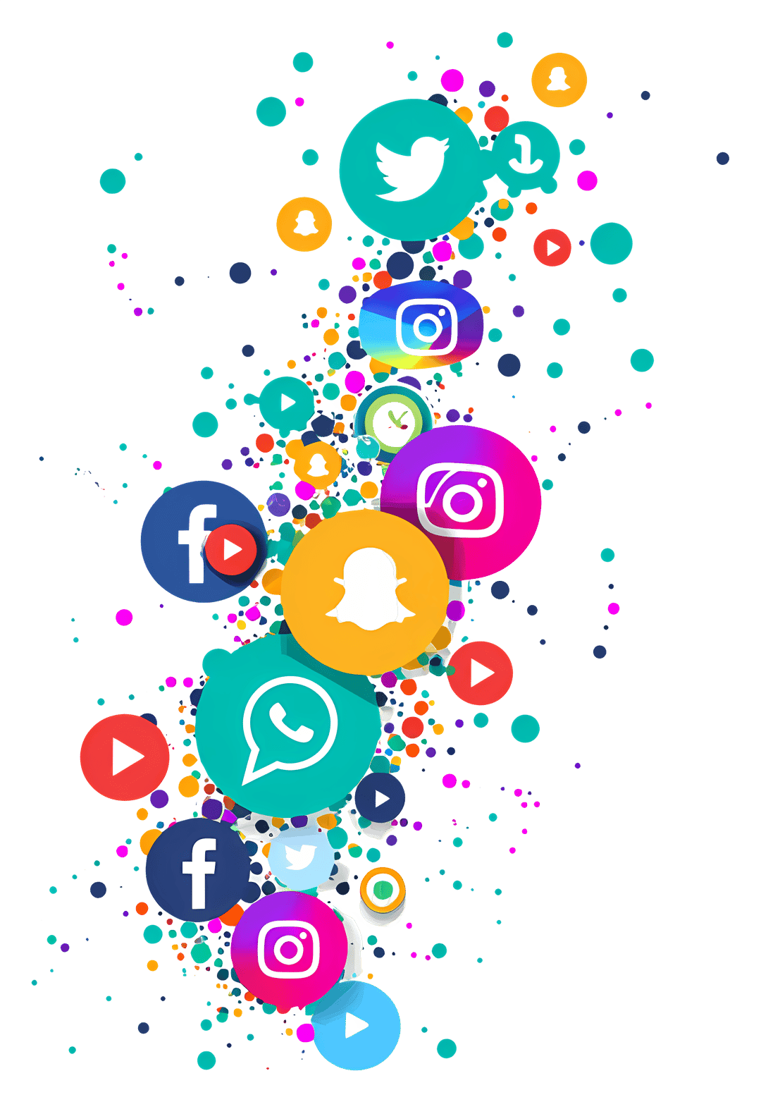 Social media icons collection featuring multicolored Facebook Instagram and Twitter logos on transparent background.