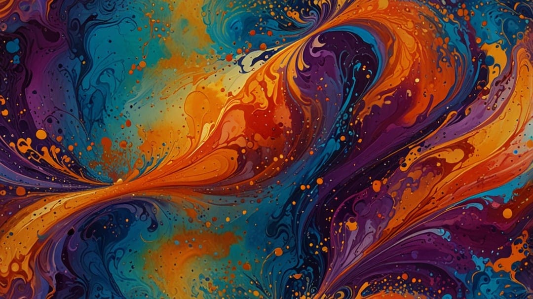 Swirling patterns of blue, orange, and purple liquid with fine gold speckles and marbleized textures.
