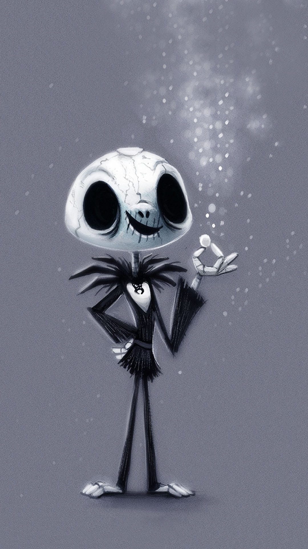 Jack Skellington with a cracked skull and striped suit holds a glowing white orb as snow falls in grayscale.