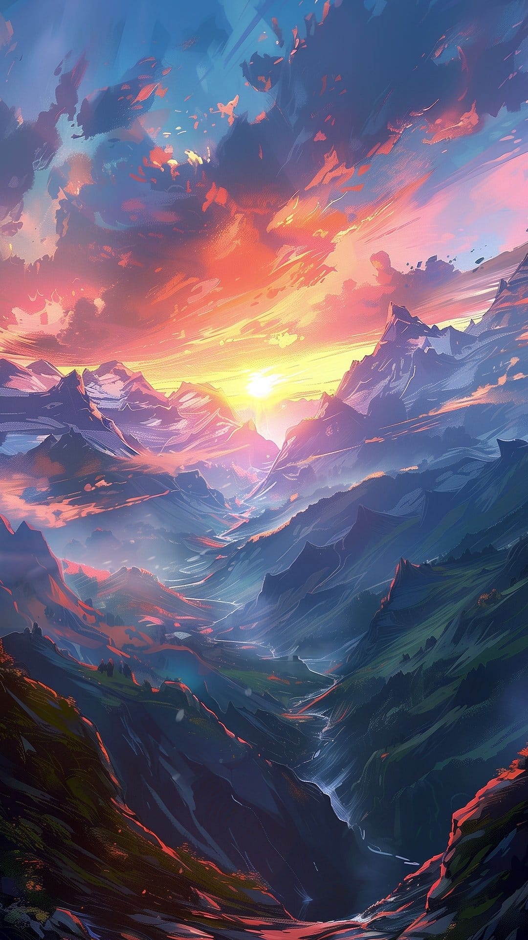Rugged mountain peaks frame a winding river under a vibrant orange and blue sunset sky in a deep valley.