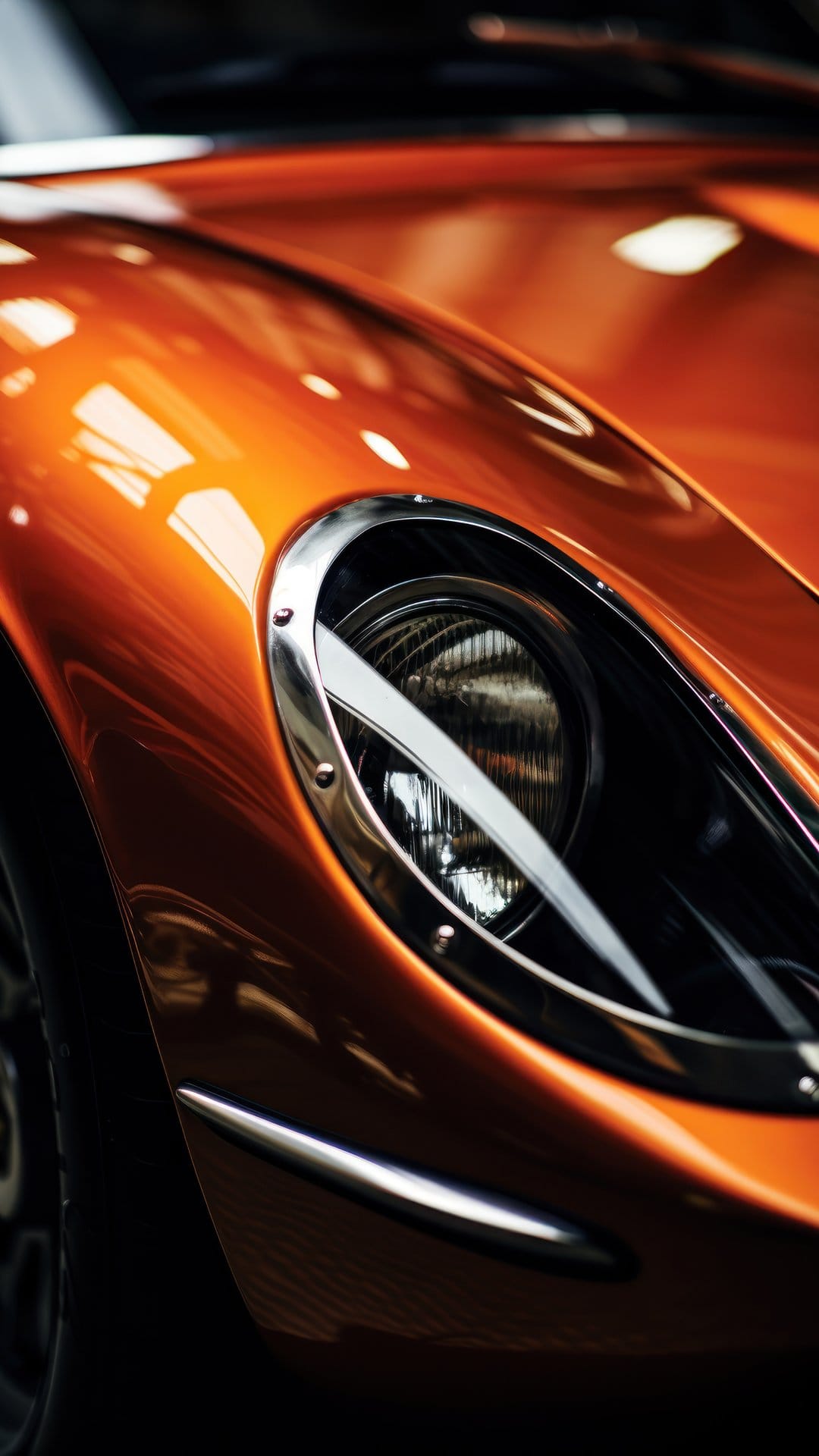 Vintage orange sports car headlight with reflective chrome trim and curved metallic bodywork in a close-up shot.
