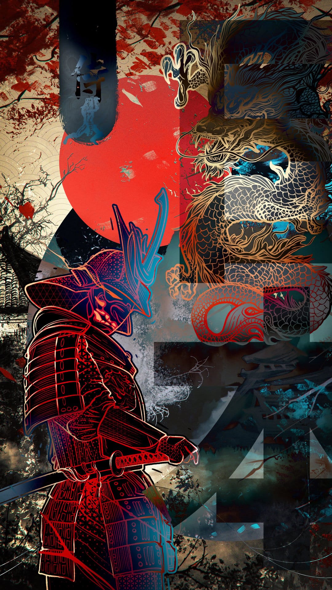 Samurai in red armor holds a katana as a golden dragon coils behind him under a large rising sun and blossoms.