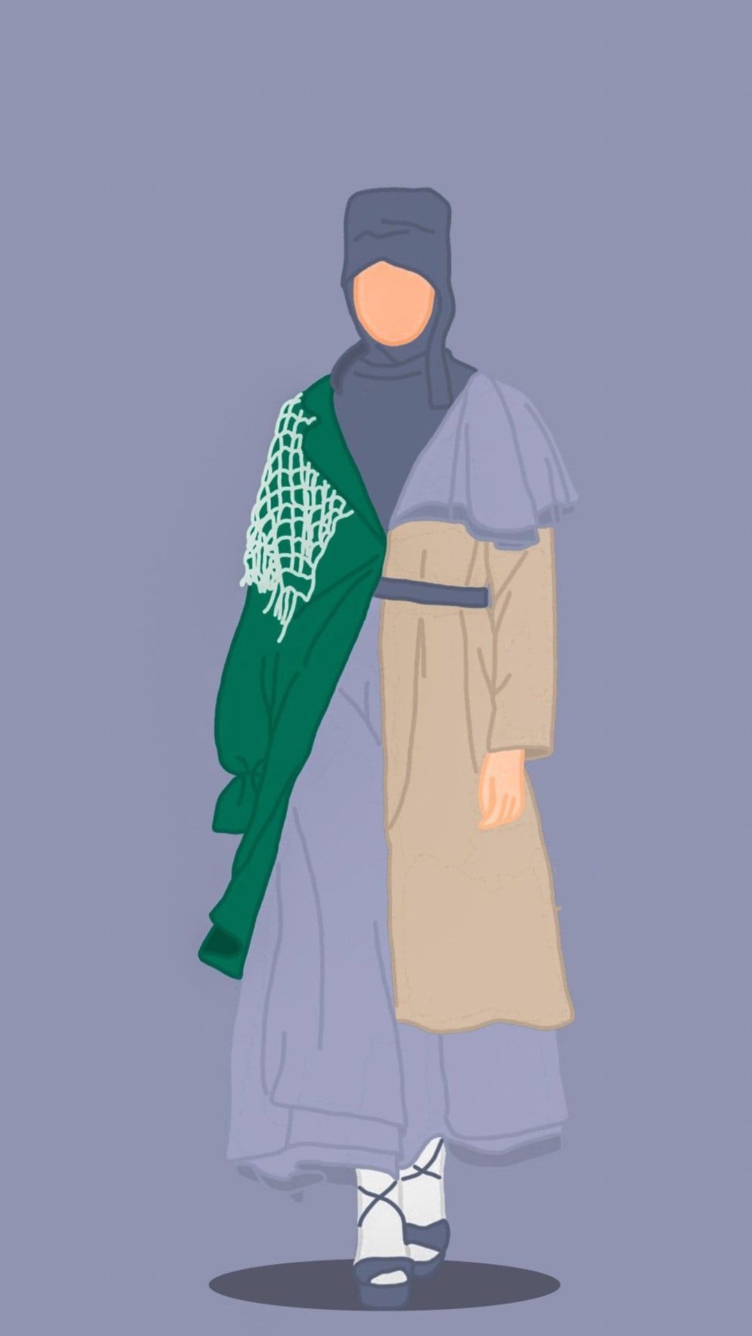 Woman in a green scarf and beige coat stands against a purple backdrop in a layered fashion-focused pose.