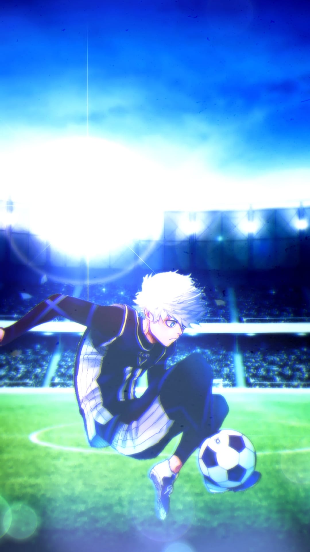 White-haired soccer player jumping with a ball in a bright stadium under a clear blue sky during a match.