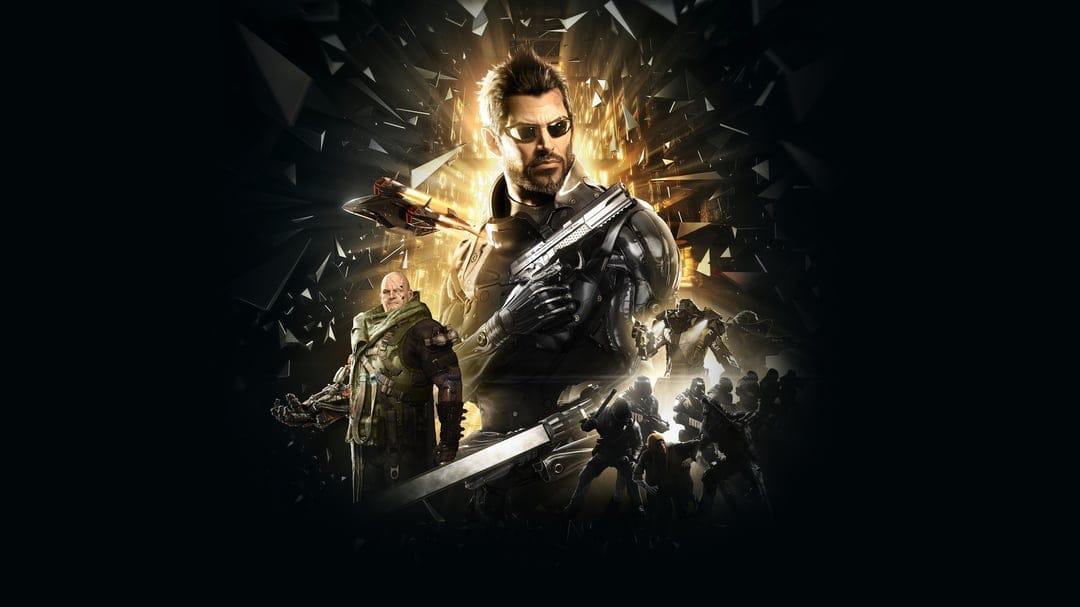 Adam Jensen holding a pistol amidst golden light and shattered glass fragments in a cinematic cyberpunk scene.