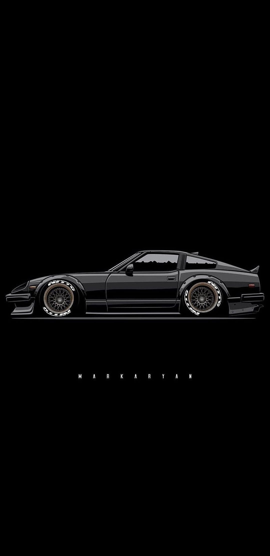 Nissan 300ZX Z31 silhouette with a lowered stance and white-lettered tires against a solid black background.
