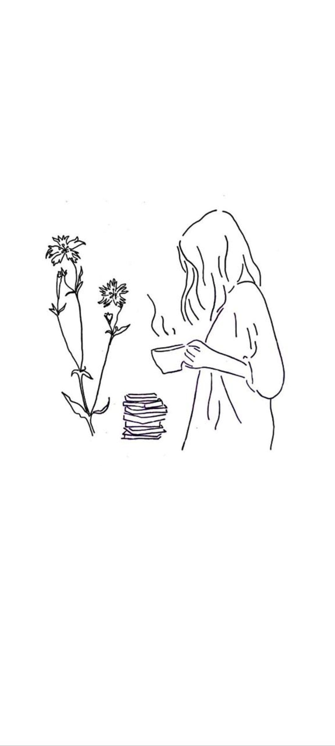 Woman holds a steaming cup beside a stack of books and two flowers in a minimalist black and white line drawing.