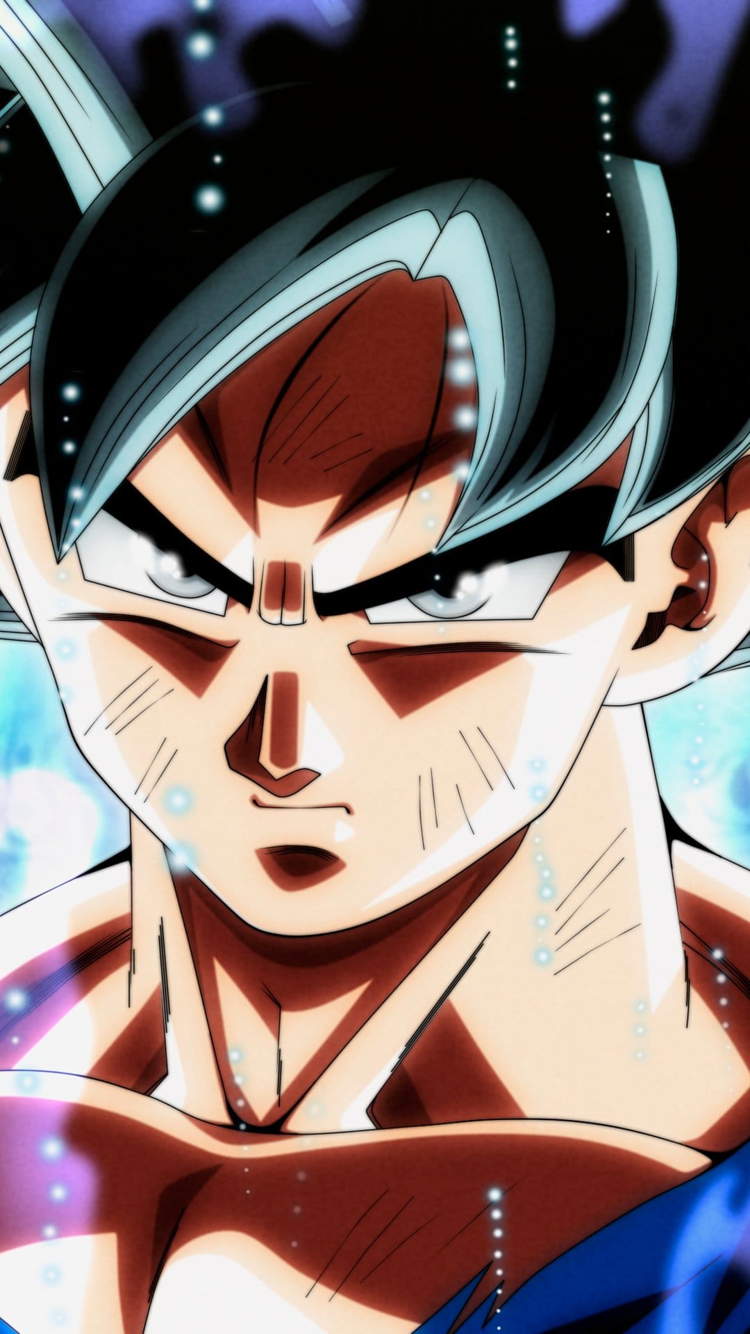 Goku with silver spiky hair and glowing gray eyes stares forward amidst a swirling blue and white energy aura.