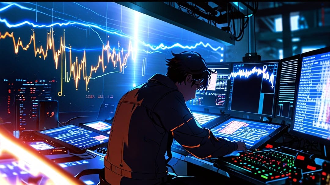Young person in a dark room intensely studying multiple glowing orange and blue stock market data screens.