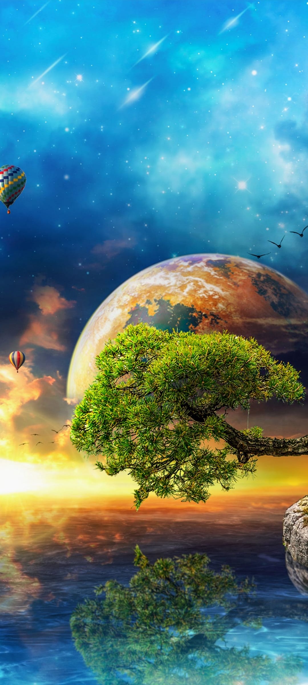 Huge textured planet looms over a sprawling tree and calm water with two floating hot air balloons under stars.