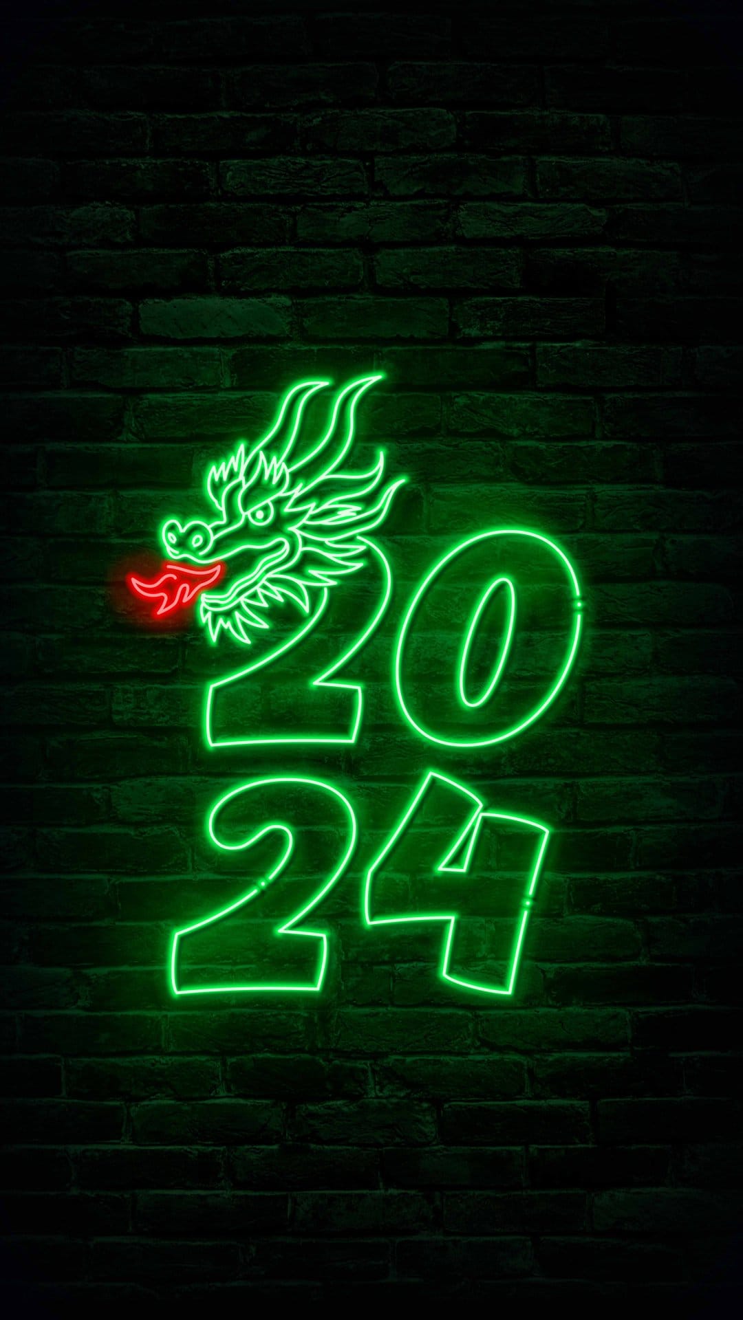 Green neon dragon head and 2024 numbers glow brightly against a dark textured brick wall with red accents.