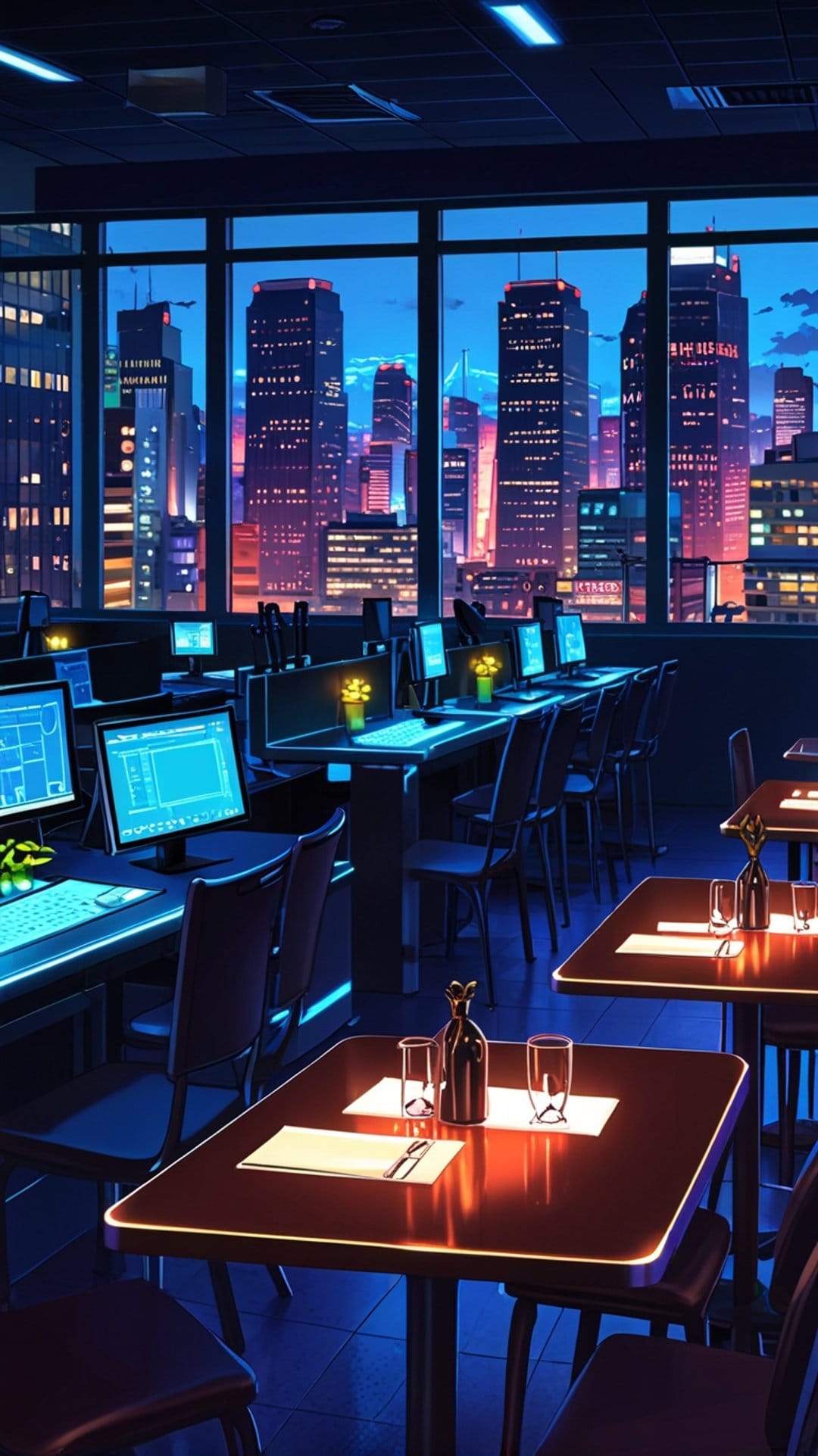 Futuristic neon workspace with glowing monitors and large windows overlooking a vibrant urban skyline at night.