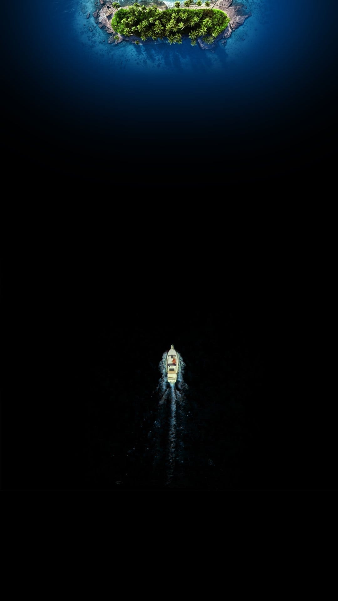 Small white boat leaving a wake in dark blue water while approaching a green tropical island from above.