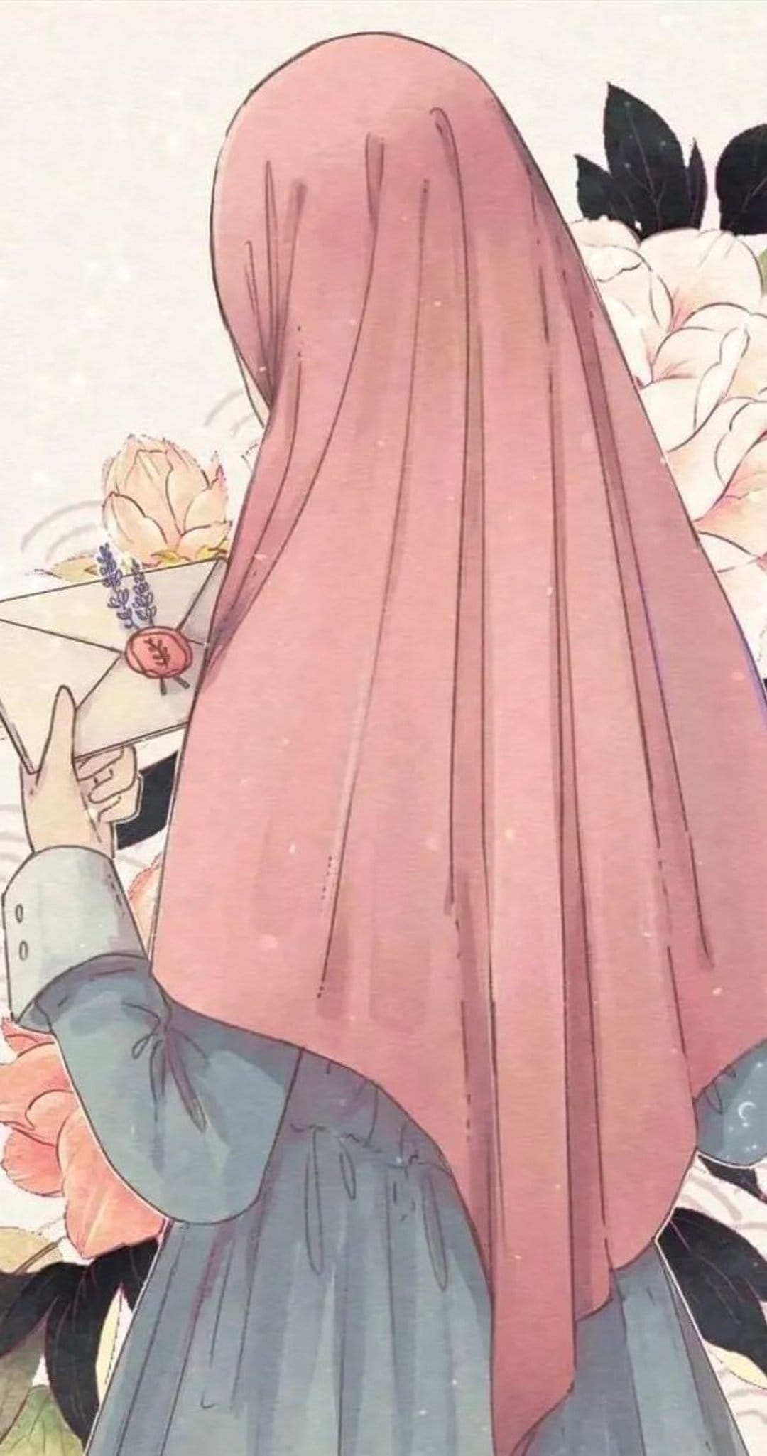 Woman in a pink hijab and blue dress holds an envelope with lavender amidst soft pink peonies and roses.