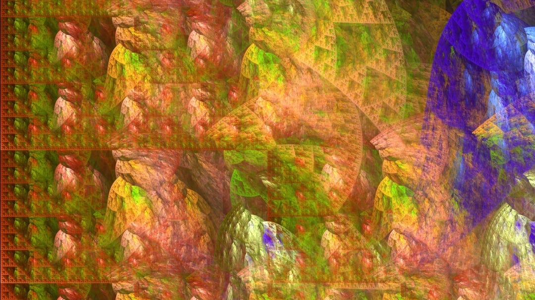 Layered orange and red fractal formations with green highlights resembling a jagged crystalline canyon landscape.