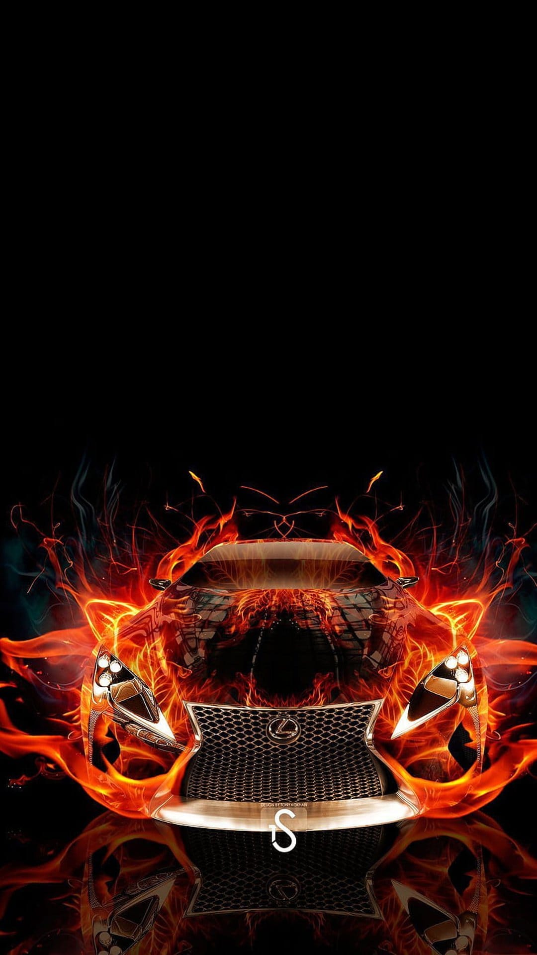 Lexus car front grille and LED headlights surrounded by realistic orange and red fire on a dark background.