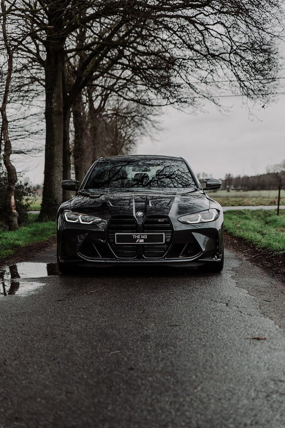 Black BMW M3 sedan parked on a wet asphalt road with bare trees and gray skies in a moody outdoor setting.