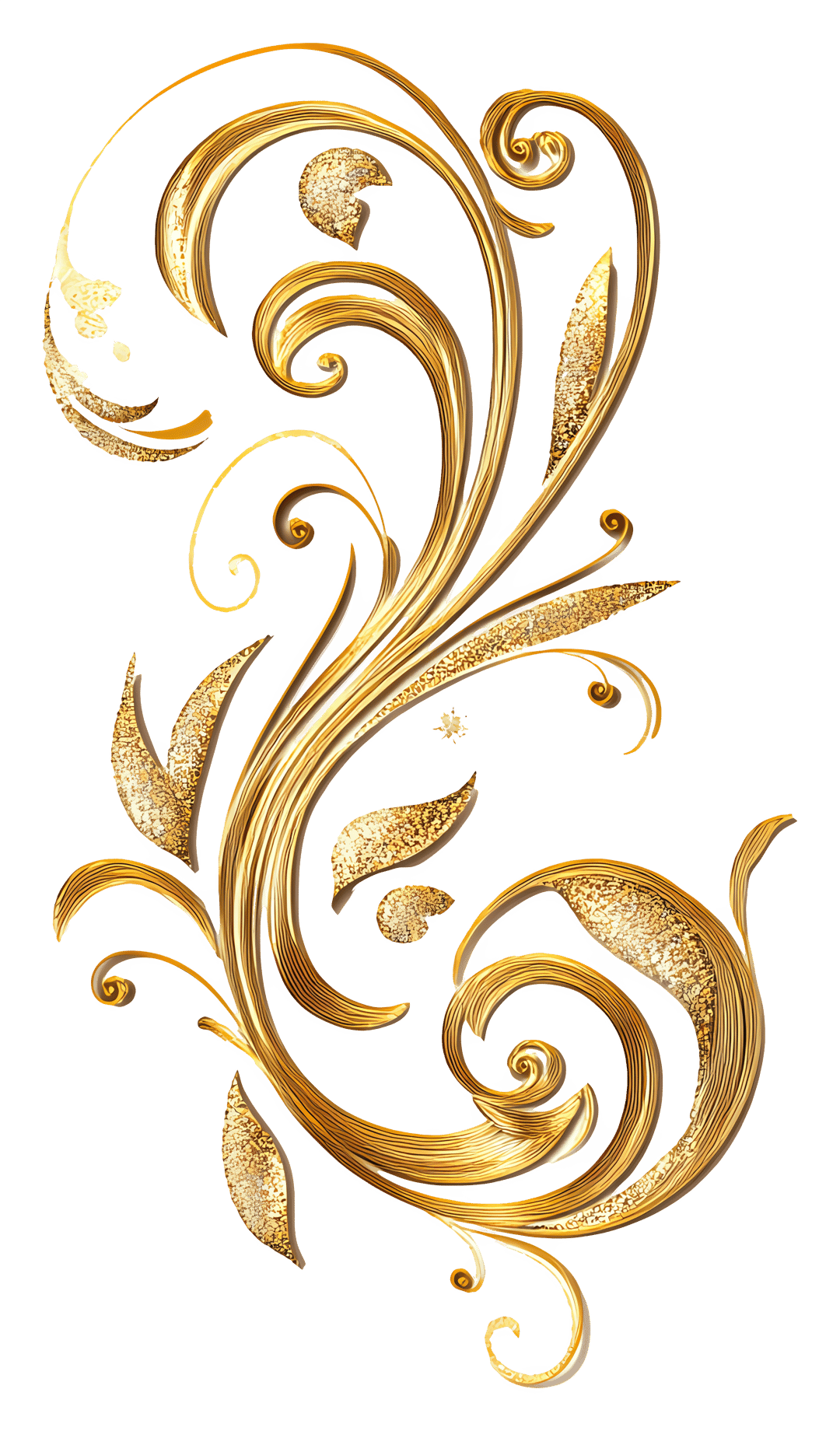 Golden swirl ornament featuring intricate filigree curves, metallic textures, and a polished baroque finish.