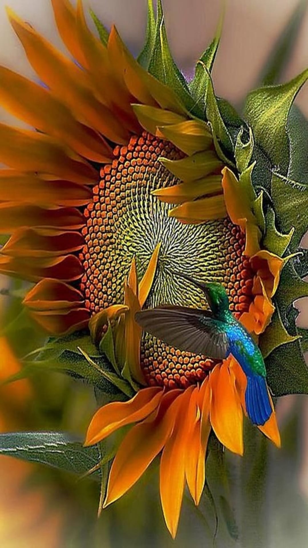 Emerald hummingbird hovers while drinking nectar from a large yellow sunflower with a detailed seed head.