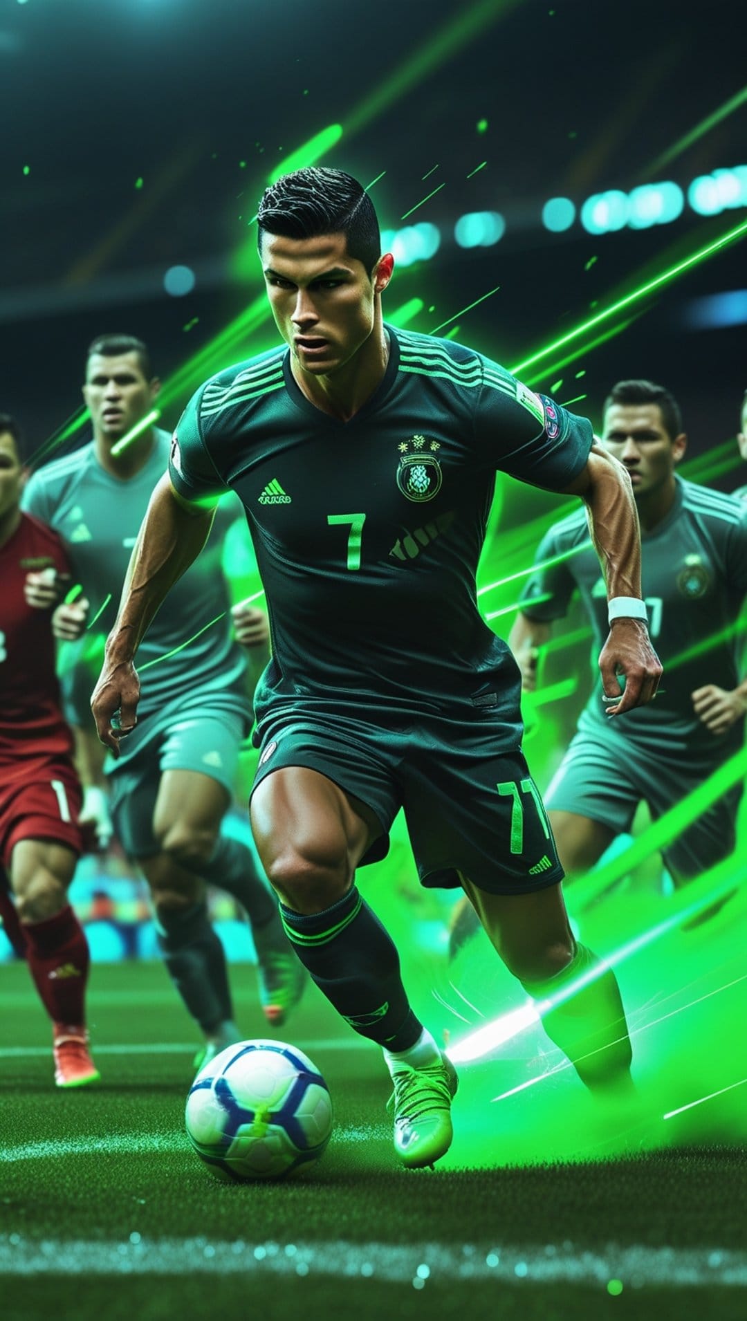 Cristiano Ronaldo dribbles a soccer ball on a green field with glowing neon light effects in a vertical layout.
