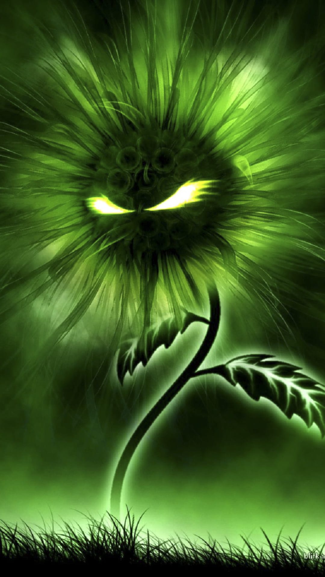 Evil green dandelion with glowing yellow eyes and radiant emerald petals against a dark smoky background.