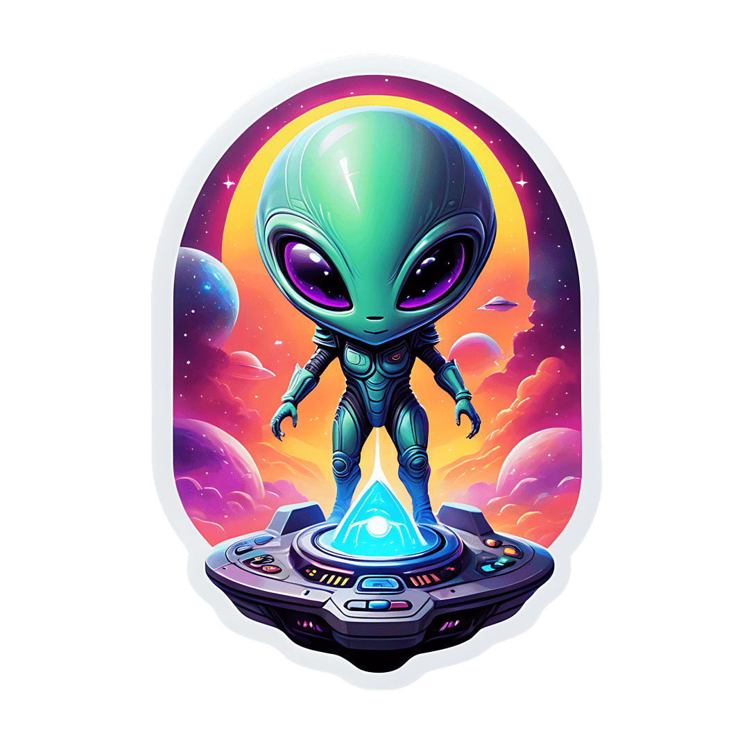 Green alien character wearing teal uniform stands before a glowing control panel against a purple nebula sky.