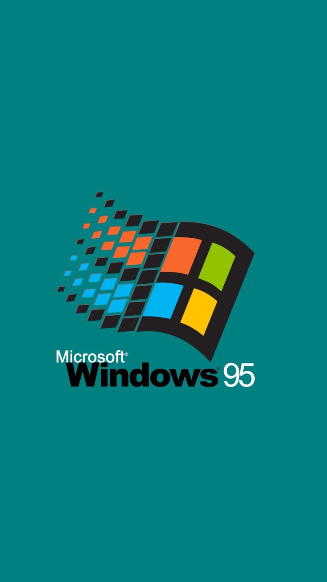 Windows 95 logo with a wavy pixelated flag and colorful squares centered on a clean vintage tech background.
