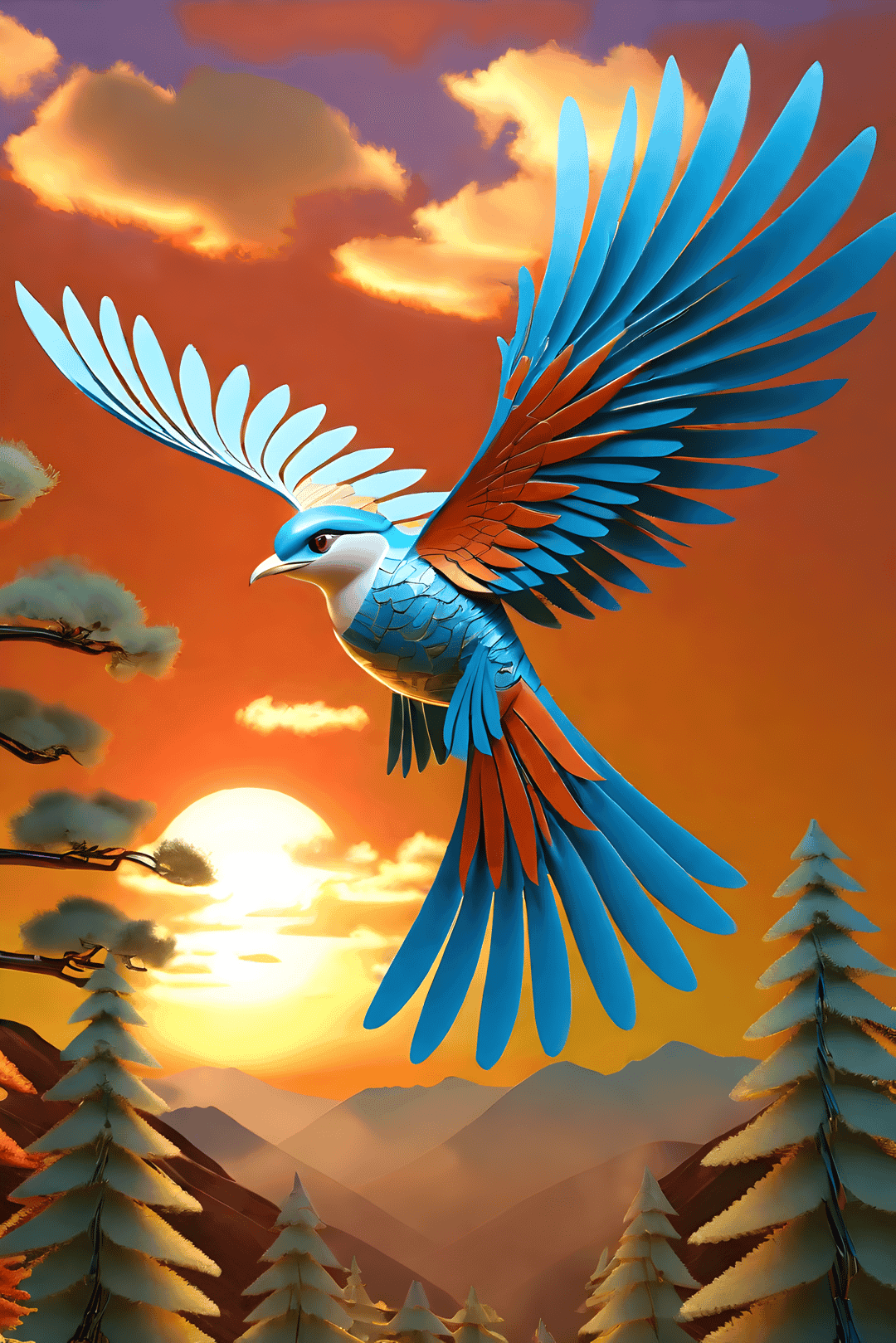 Blue bird with orange chest soars over silhouetted pine trees and mountains during a golden fiery sunset.