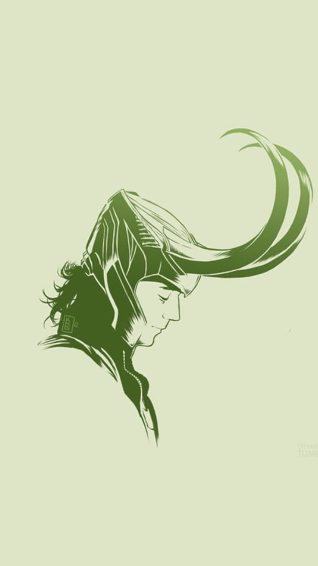 Loki wearing large curved horns in profile view against a solid pale emerald background for a mobile screen.