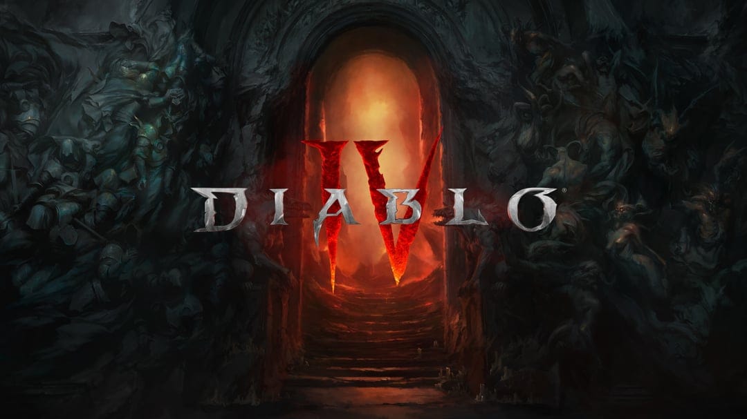 Glowing red Diablo IV logo set against a dark gothic stone archway with intricate demon carvings and orange light.