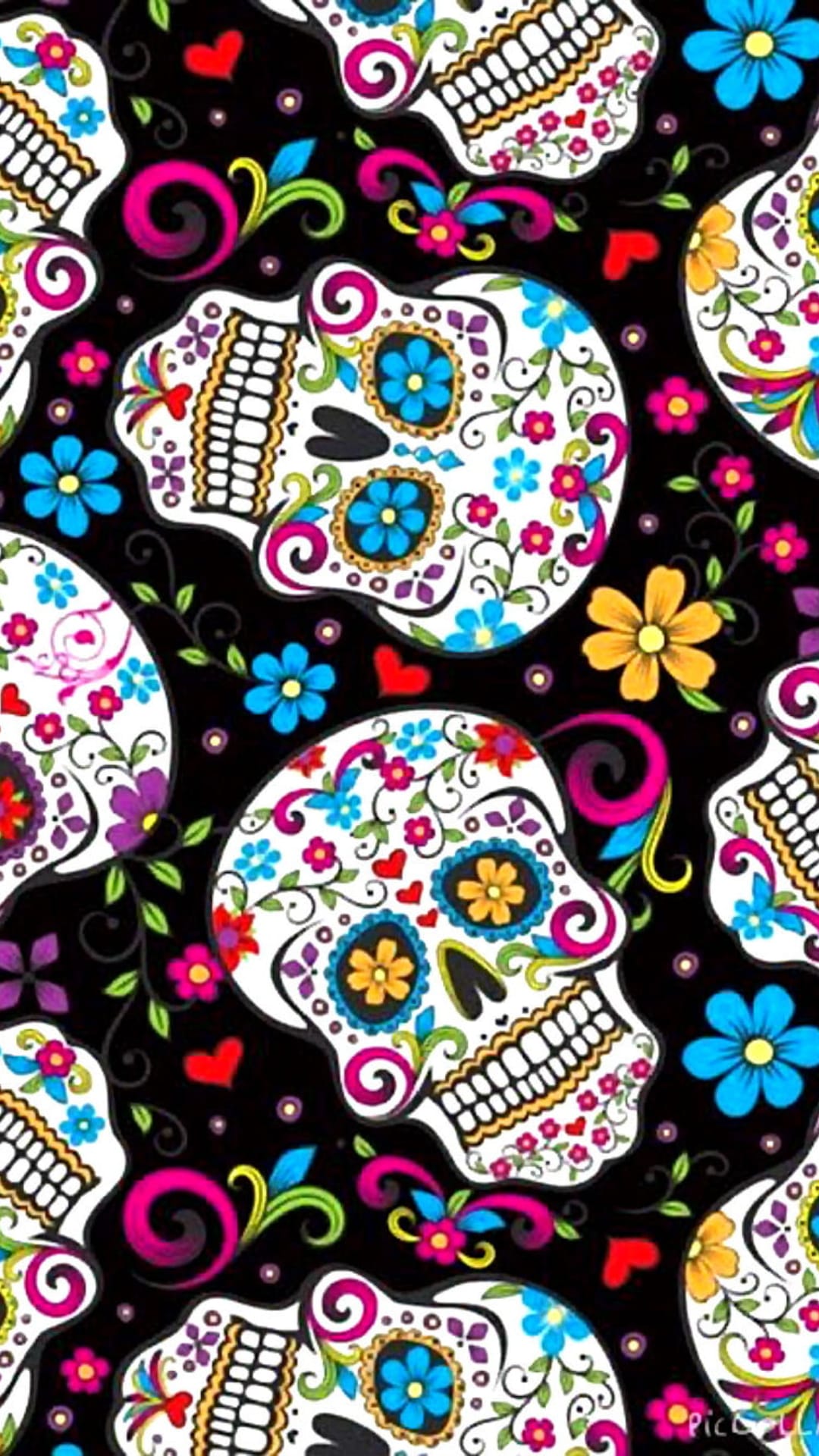 Intricate sugar skulls with floral patterns and bright colors contrast against a solid black background.