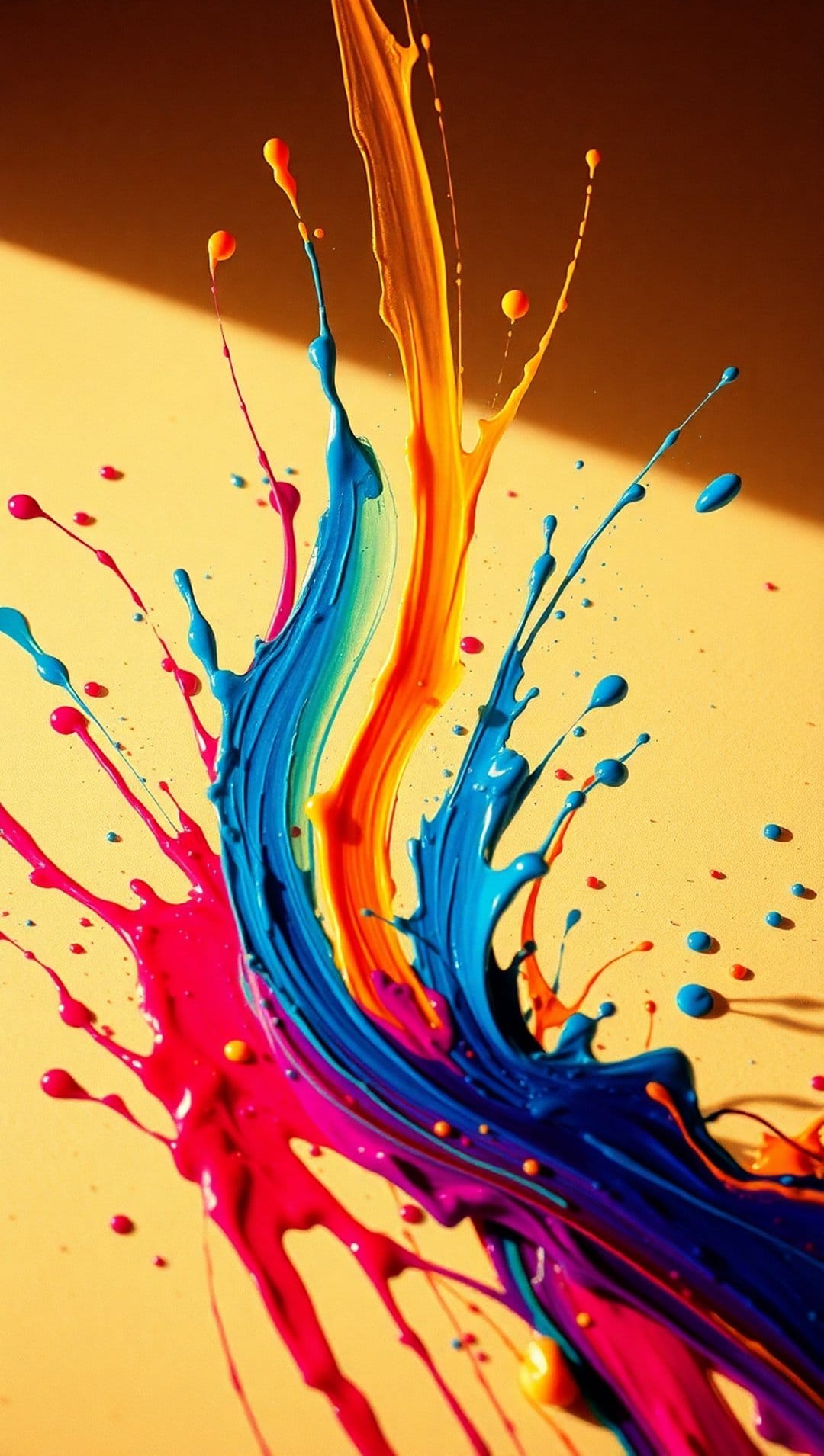 Multicolored paint splatters and fluid droplets explode outward across a vibrant solid yellow background.