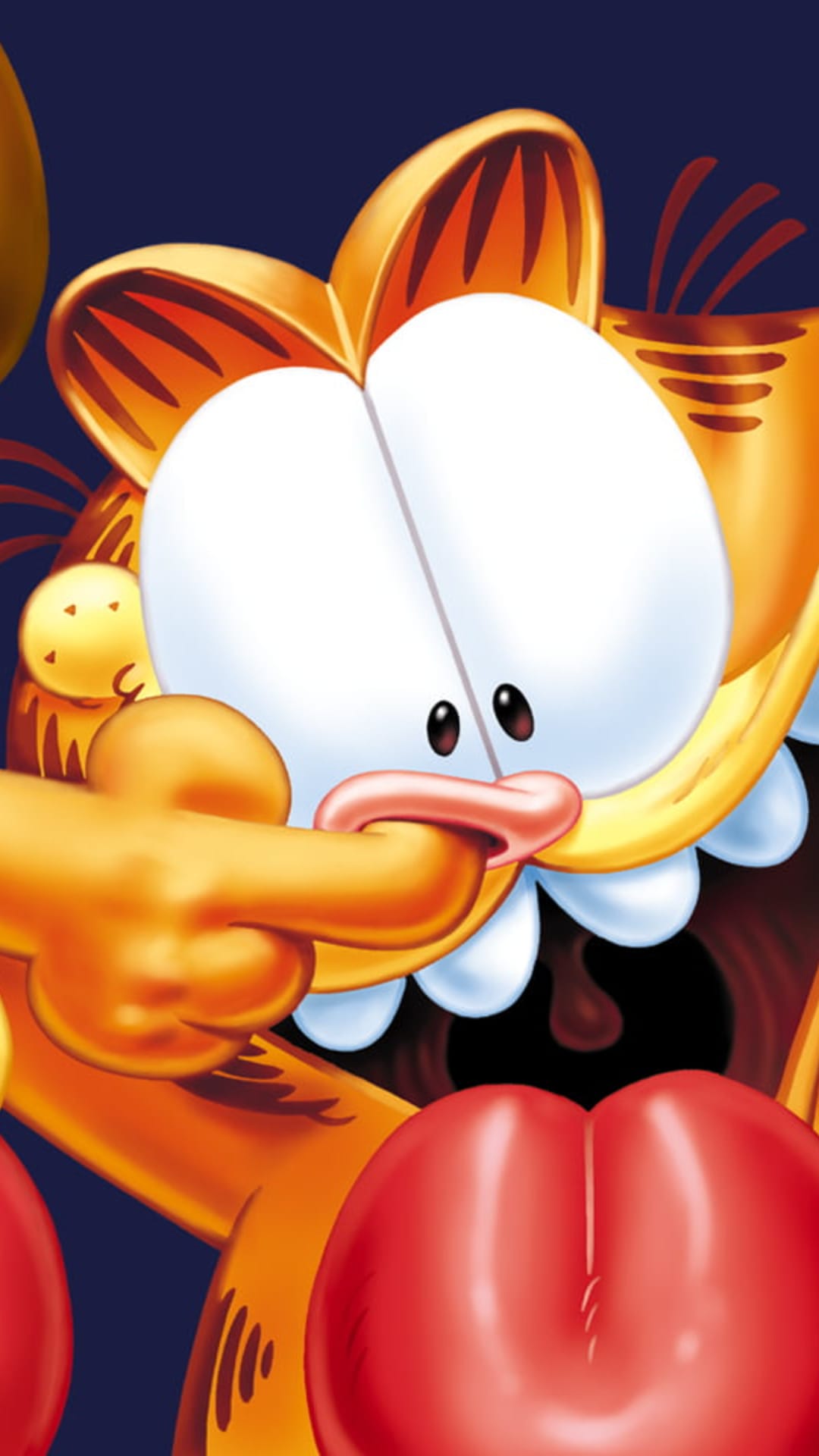 Garfield the orange cat with a finger in his mouth, showing sharp teeth and a red tongue on a navy background.