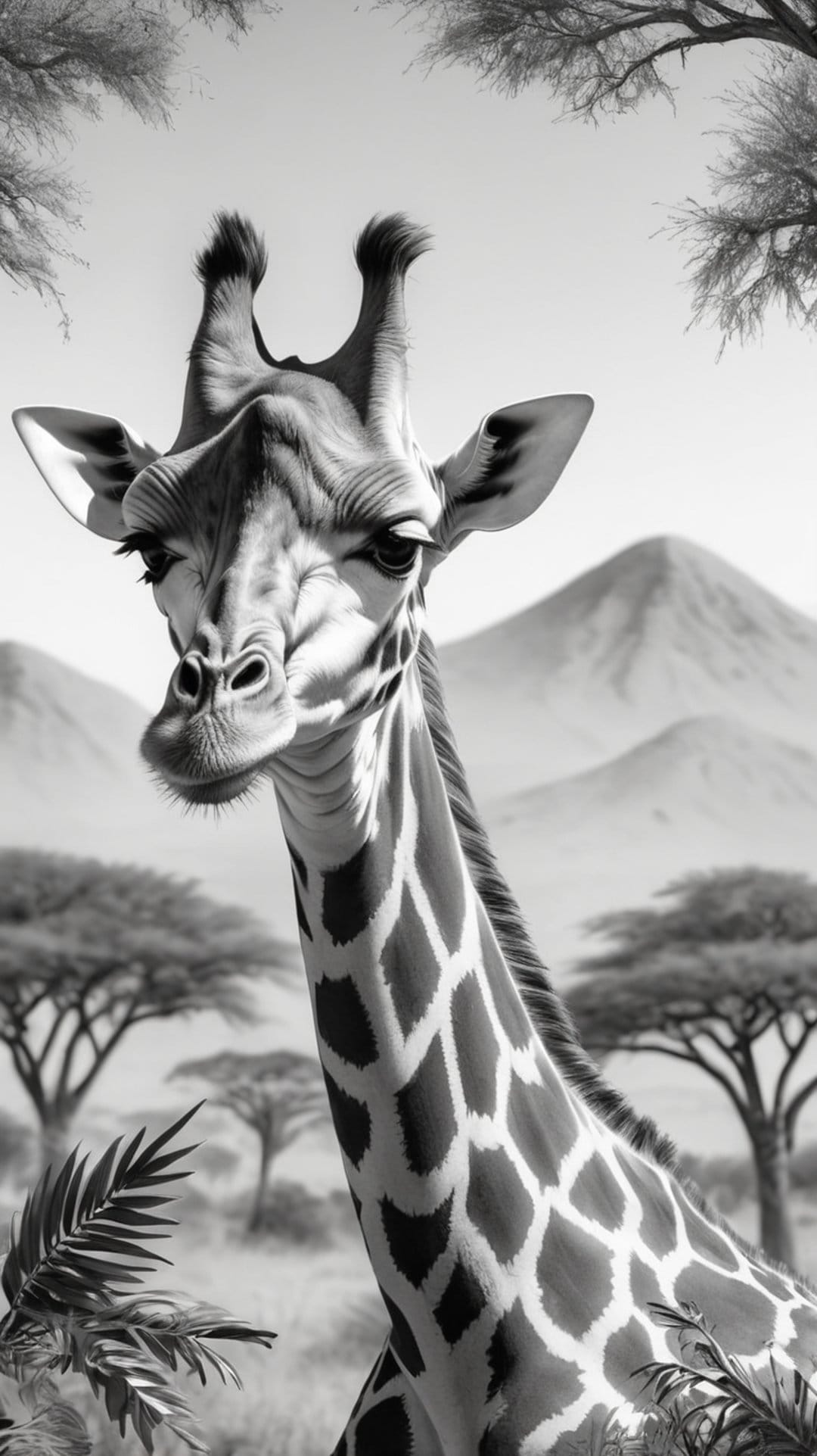 Giraffe with patterned fur and long eyelashes gazes forward against a backdrop of distant savanna acacia trees.